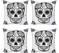 ABAKUHAUS Ensemble de housses de coussin Sugar Skull (4 pièces), mascotte de style hispanique, impression numérique moderne recto-verso, 40 cm x 40 cm, blanc et noir