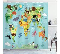 ABAKUHAUS Esprit d'aventure Rideau de Douche, Carte des Animaux du Monde, Tissu Ensemble de Décor de Salle de Bain avec Crochets, 175 x 200 cm, Bleu Pâle Jaune Vert