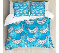 ABAKUHAUS Housse de couette Animaux marins, Baleine à pois Océan, Anti-acariens, Convient aux personnes allergiques, avec taies d'oreiller, 155 cm x 220 cm - 80 x 80 cm, Bleu gris