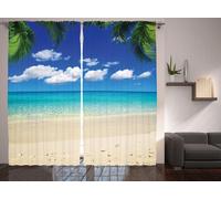 ABAKUHAUS Île Rideau rustique, Tropic Vacances Scenic, Salon Rideaux universels avec boucles et crochets, 280 x 175 cm, bleu royal sable marron