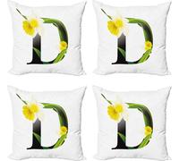 ABAKUHAUS Lettre D Ensemble de housses de coussin (4 pièces), silhouette D jonquilles, impression numérique moderne recto-verso, 50 cm x 50 cm, jaune vert noir