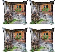 ABAKUHAUS Lot de 4 housses de coussin pour volets roulants, vacances à la ferme, impression numérique moderne recto-verso, 50 cm x 50 cm, marron, vert, rouge