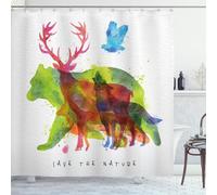 ABAKUHAUS Rideau de douche animalier, double exposition, style aquarelle, faune sauvage d'Alaska, motif ours, renard et renne, 175 x 240 cm, multicolore
