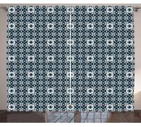 ABAKUHAUS Rideau rustique traditionnel, carreaux de mosaïque Azulejo, salon Rideaux à bande universelle avec boucles et crochets, 280 x 175 cm, bleu foncé et blanc