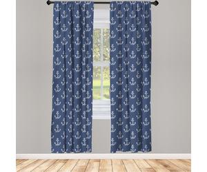 ABAKUHAUS Rideaux nautiques, voilages, motifs continus représentant des silhouettes d'ancres de bateaux, rayures marines, 2 pièces 75 x 245 cm, bleu-gris, gris, blanc
