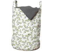 ABAKUHAUS Sac à linge Olive, motif branches et feuilles, panier à linge avec poignées et fermeture à cordon pour laveries, 33 cm de large x 49 cm de haut, vert olive et gris