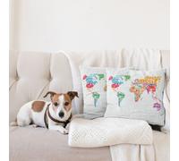 ABAKUHAUS Set de housses de coussin avec carte du monde (2 pièces), carte du monde avec les noms des pays d'Europe, d'Amérique, d'Afrique et d'Asie, style graphique, 45 x 45 cm, multicolore