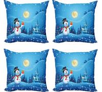 ABAKUHAUS Set de housses de coussin de Noël (4 pièces), cadeau Sanra bonhomme de neige, impression numérique moderne recto-verso, 40 cm x 40 cm, bleu jaune