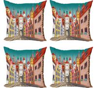 ABAKUHAUS Set de housses de coussin de voyage (4 pièces), maisons européennes historiques, impression numérique moderne recto-verso, 45 cm x 45 cm, multicolore bleu sarcelle