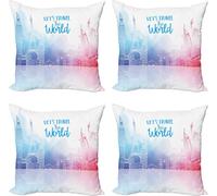 ABAKUHAUS Set de housses de coussin de voyage (4 pièces), Voyagez à travers le monde Dessiné à la main, Impression numérique moderne recto-verso, 45 cm x 45 cm, Rose Bleu Violet
