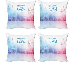 ABAKUHAUS Set de housses de coussin de voyage (4 pièces), Voyagez à travers le monde Dessiné à la main, Impression numérique moderne recto-verso, 45 cm x 45 cm, Rose Bleu Violet