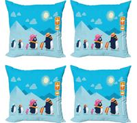 ABAKUHAUS Set de housses de coussin pour aéroport (4 pièces), Voyage d'une famille de pingouins amusante, impression numérique moderne recto-verso, 60 cm x 60 cm, multicolore