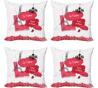 ABAKUHAUS Set de housses de coussin Tour Eiffel (4 pièces), Je T'aime à Paris, impression numérique moderne recto-verso, 50 cm x 50 cm, gris foncé corail