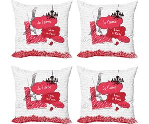 ABAKUHAUS Set de housses de coussin Tour Eiffel (4 pièces), Je T'aime à Paris, impression numérique moderne recto-verso, 50 cm x 50 cm, gris foncé corail