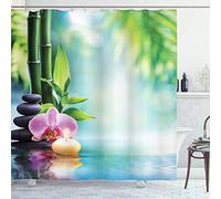 ABAKUHAUS Spa Rideau de Douche, Bougie Bambou Tranquility, Tissu Ensemble de Décor de Salle de Bain avec Crochets, 175 x 200 cm, Bleu Vert Clair