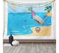 ABAKUHAUS Tapisserie d'extérieur, Monstres pêchant dans la mer, Salon Chambre à coucher Maison Tapisserie en satin soyeux, 200 x 150 cm, bleu ciel et multicolore