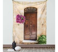 ABAKUHAUS Tapisserie italienne, Porte en bois rouillée antique avec fleurs, photo authentique et nostalgique, salon, chambre à coucher, tenture murale en satin soyeux, 150 x 200 cm, crème, violet, mar