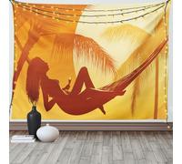 ABAKUHAUS Tapisserie tropicale, vue majestueuse du coucher de soleil, salon, chambre à coucher, tapisserie en satin soyeux, 200 x 150 cm, orange foncé