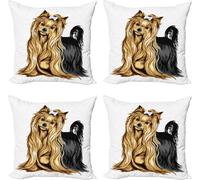 ABAKUHAUS Yorkie Set de housses de coussin (4 pièces), animaux à poils longs, impression numérique moderne recto-verso, 45 cm x 45 cm, moutarde noir
