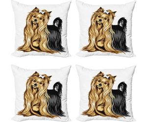 ABAKUHAUS Yorkie Set de housses de coussin (4 pièces), animaux à poils longs, impression numérique moderne recto-verso, 45 cm x 45 cm, moutarde noir