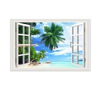 Abaodam Sticker Mural Effet Trompe-Œil 3D Fenêtre Paysage Plage et Océan Adhésif Vinyle Amovible pour Chambre d'Garçon et Filles et Bureau Décoration Intérieure 86 X 56 CM