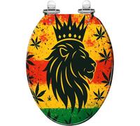 Abattant de toilette allongé à thème rasta pour la décoration de salle de | Motif couronne de lion, rayures rouges, jaunes et vertes, en résine, fermeture silencieuse, charnières à dégagement rapide,