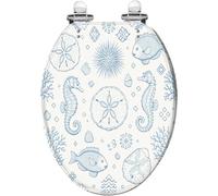 Abattant de toilette allongé en résine bleu marine, thème nautique et | Couvercle à fermeture silencieuse, charnières à dégagement rapide, motif décoratif coquillage et étoile de mer, avec butoirs