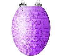 Abattant de toilette allongé en résine, fermeture lente et silencieuse, | Motif abstrait rose en demi-teintes BD, texture mosaïque à paillettes irisées, protections anti-reflets, facile à nettoyer