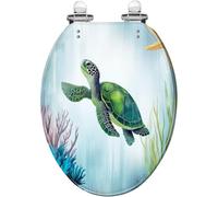 Abattant de toilette décoratif allongé en résine, thème océan pour la | Motif tortue marine, bleu-vert, charnières à dégagement rapide avec cache, faciles à installer et à nettoyer, idéales pour la