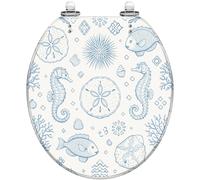 Abattant de toilette rond bleu marine à fermeture silencieuse, décor de | Thème marin coquillage étoile de mer, matériau en résine, charnières à dégagement rapide, installation facile, protections de