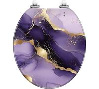 Abattant de toilette rond en marbre violet à rayures dorées, encre à alcool, résine aquarelle violette et noire de luxe, fermeture lente et silencieuse, charnières à dégagement rapide, facile à nettoy