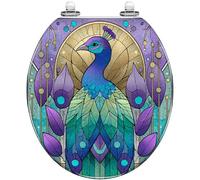 Abattant de toilette rond en résine pour salle de bain | Motif géométrique en vitrail, teintes vertes, bleues et violettes, couvercle à fermeture douce et silencieuse, charnières à