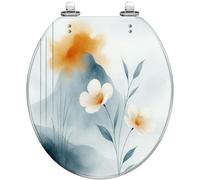 Abattant de toilette rond générique en résine, fermeture silencieuse et | Motif nordique abstrait, aquarelle de fleurs et de feuilles sans raccord, facile à installer, avec butoirs de protection,