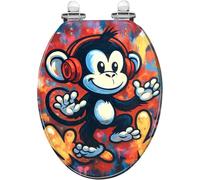 Abattant de toilettes allongé en résine rose et jaune, motif singe graffiti | Abattant de toilettes allongé décoratif en résine avec un motif de singe graffeur portant un casque audio, dans les tons rose