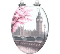 Abattant de toilettes allongé en résine, thème Paris et Londres, salle de | Disponible en noir, blanc et rose, avec fermeture silencieuse, charnières à dégagement rapide, butoirs de protection inclus
