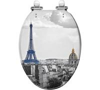 Abattant de toilettes allongé, motif Skyline de Paris, fermeture | Charnières en acier inoxydable, construction en résine, facile à installer, facile à nettoyer, compatible avec la plupart des
