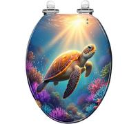 Abattant WC décoratif allongé avec motif tortue sous-marine, coraux lumineux et créatures marines en résine, fermeture silencieuse, charnières à dégagement rapide avec couvercle, facile à nettoyer