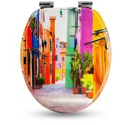 Sanfino® Premium Abattant WC en bois avec frein de chute, qualité supérieure, nombreux motifs colorés, confortable, installation facile, notice de montage incluse - „Colorful Houses"