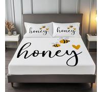 AbeilMignonnes Dessinées À La Main Drap-Housse Imprimé Blanc, Parure De Lit Imprimé 180 x 200 cm, avec Deux Taies d'oreiller 65x65cm Poche de 30 cm - Antidérapants Résistant aux Rides Drap Housse
