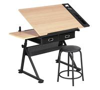 Abician Table à Dessin Inclinable avec Tabouret Bureau pour Dessinateur Réglable en Hauteur avec Rallonge Rétractable Compartiments à Crayons Table d’architecte Couleur Bois