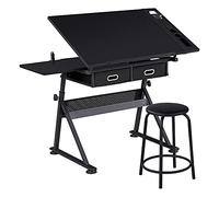 Abician Table à Dessin Inclinable avec Tabouret Bureau pour Dessinateur Réglable en Hauteur avec Rallonge Rétractable Compartiments à Crayons Table d’architecte Noir