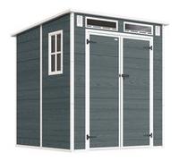 Outsunny Abri de Jardin en Résine 3,3 m² avec Double Porte, 3 Fenêtres et 2 Aérations - Cabanon de Rangement Anti-UV avec Plancher - Armoire de Jardin pour Stockage Extérieur Vélos, Gris Effet Bois