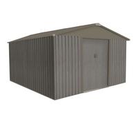 Abri de jardin - CHALET & JARDIN - Métal imitation bois vieilli - 10x10m - Gris anthracite - Toit traditionnel