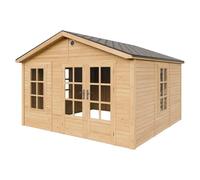 TIMBELA M735A Abri de Jardin en Bois 370 x 360 cm, Cabanon Extérieur avec 3 Fenêtres en Verre Trempé, Portes Doubles Vitrées, Bardeaux Bitumés, Grande Cabane sans Plancher