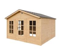 TIMBELA M735 Abri de Jardin en Bois 370 x 360 cm, Cabanon Extérieur avec 3 Fenêtres en Verre Trempé, Porte Vitrée, Bardeaux Bitumés, Grande Cabane sans Plancher