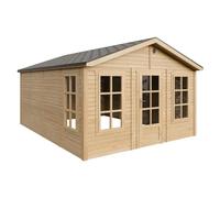TIMBELA M736 Abri de Jardin en Bois 370 x 480 cm, Cabanon Extérieur avec 3 Fenêtres en Verre Trempé, Porte Vitrée, Bardeaux Bitumés, Grande Cabane sans Plancher