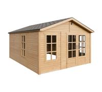 TIMBELA M736A Abri de Jardin en Bois 370 x 480 cm, Cabanon Extérieur avec 3 Fenêtres en Verre Trempé, Portes Doubles Vitrées, Bardeaux Bitumés, Grande Cabane sans Plancher
