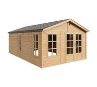 TIMBELA M737A Abri de Jardin en Bois 370 x 600 cm, Cabanon Extérieur avec 3 Fenêtres en Verre Trempé, Portes Doubles Vitrées, Bardeaux Bitumés, Grande Cabane sans Plancher