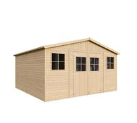 Abri de Jardin en Bois Naturel - Stockage extérieur avec fenêtres- H246 x 418 x 420 cm/ 16 m²- Hangar en Bois Naturel - Atelier Rangement Outils et vélos- TIMBELA M330
