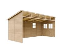TIMBELA M341 Abri de Jardin en Bois Naturel (sans paroi latérale)- Stockage extérieur avec fenêtres- H244x216x513 cm/10 m2, Hangar en Bois Naturel - Atelier Rangement Outils et vélos